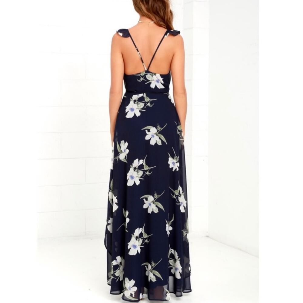 Lulus Wrap Dress Women Small Navy Floral High Low Maxi Ruffle Chiffon Summer - Picture 4 of 15